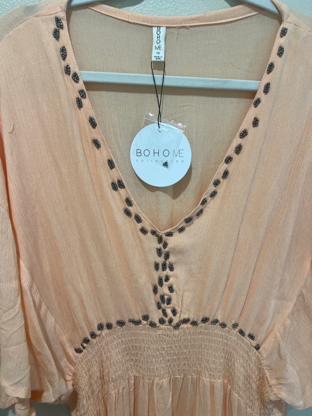 Boho Me -  Peach Tiered V-Neck Smocked Maxi Dress - Picture 2 of 4